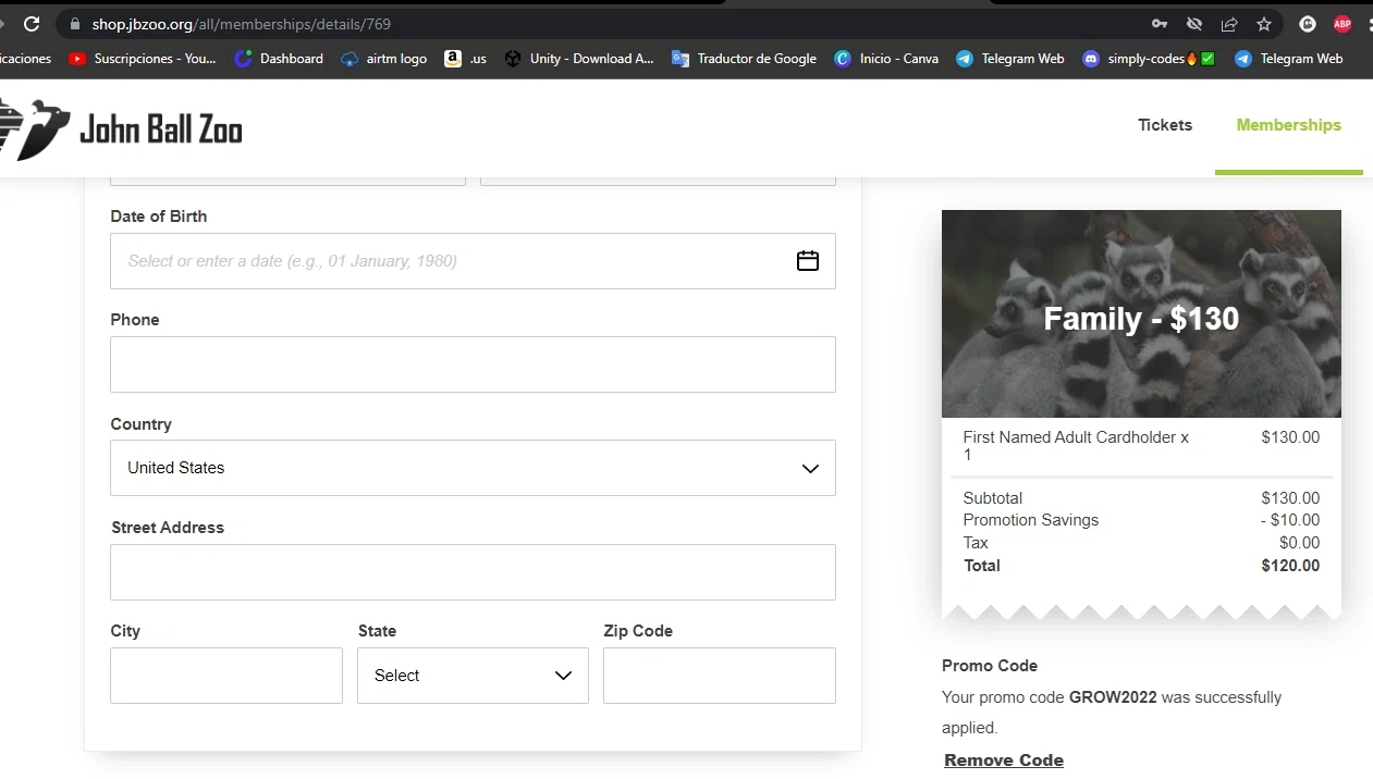 John Ball Zoo checkout page showing John Ball Zoo promo code box | Screenshot taken by SimplyCodes community member on Jul 10, 2022