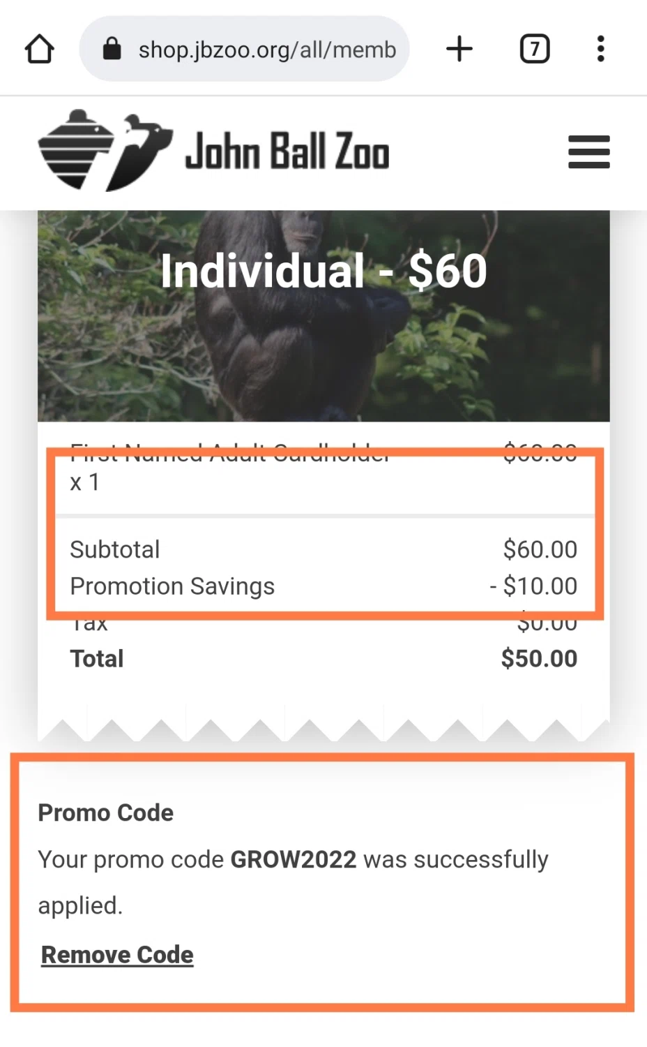 John Ball Zoo checkout page showing John Ball Zoo promo code box | Screenshot taken by SimplyCodes community member on Jul 7, 2022