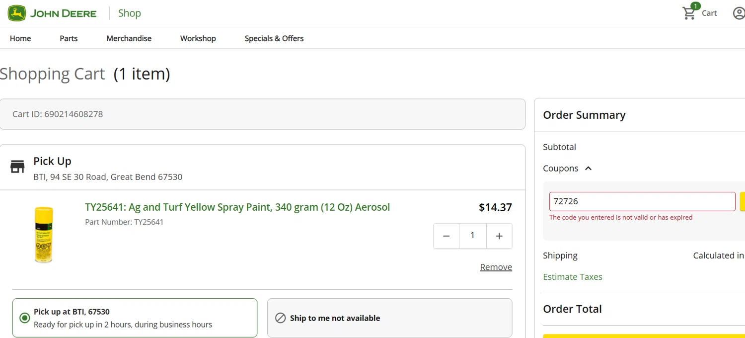 John Deere Store coupon code screenshot showing code 72726 applied at John Deere Store checkout page. Uploaded by SimplyCodes community member LieutenantGhost on Feb 28, 2025