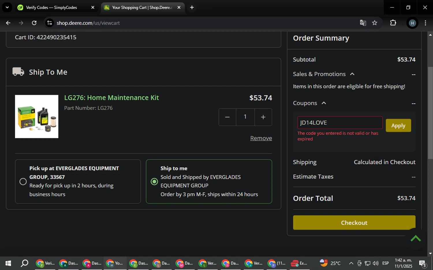 John Deere Store coupon code screenshot showing code JD14LOVE applied at John Deere Store checkout page. Uploaded by SimplyCodes community member YAMAHA on Jan 11, 2025