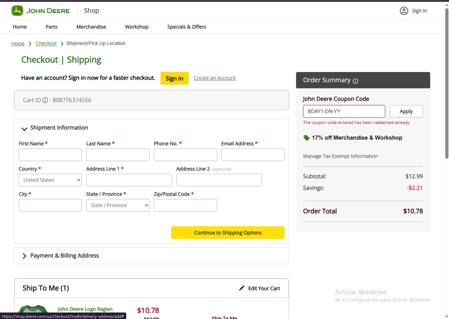 John Deere Store coupon code screenshot showing code BDAY1-DN-YY applied at John Deere Store checkout page. Uploaded by SimplyCodes community member Carlosramirez09 on Mar 18, 2025