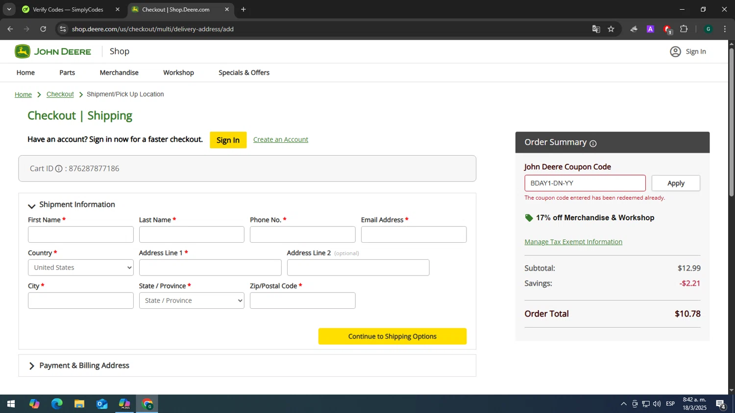 John Deere Store coupon code screenshot showing code BDAY1-DN-YY applied at John Deere Store checkout page. Uploaded by SimplyCodes community member GOJOSATURO on Mar 18, 2025