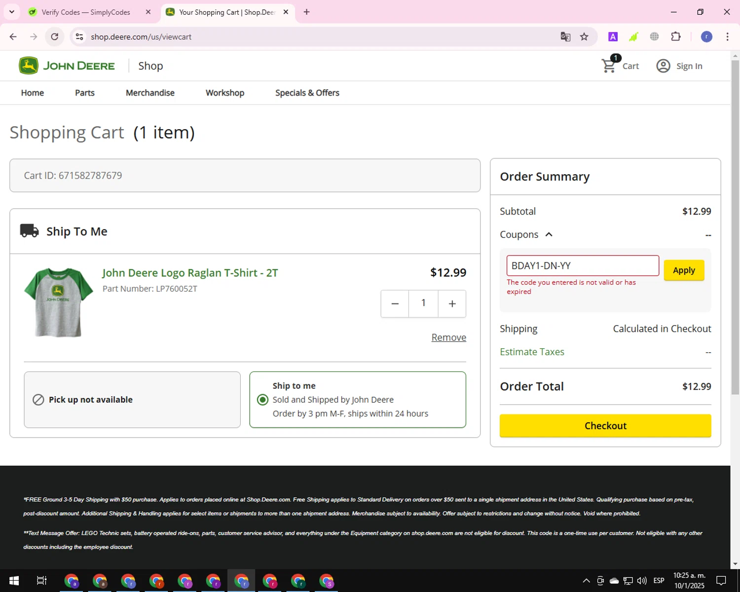 John Deere Store coupon code screenshot showing code BDAY1-DN-YY applied at John Deere Store checkout page. Uploaded by SimplyCodes community member EpicCurator4666 on Jan 10, 2025