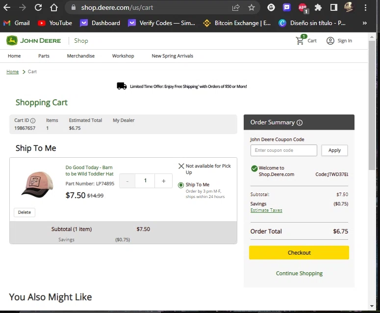 John Deere Store checkout page showing John Deere Store coupon code box | Screenshot taken by SimplyCodes community member on Apr 19, 2023