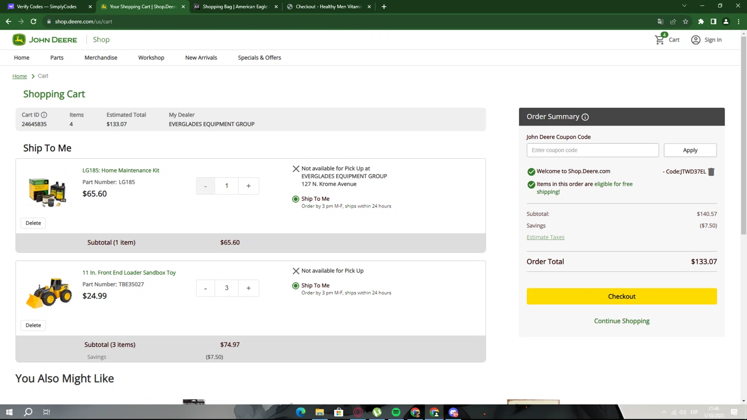 John Deere Store checkout page showing John Deere Store coupon code box | Screenshot taken by SimplyCodes community member on Oct 2, 2023