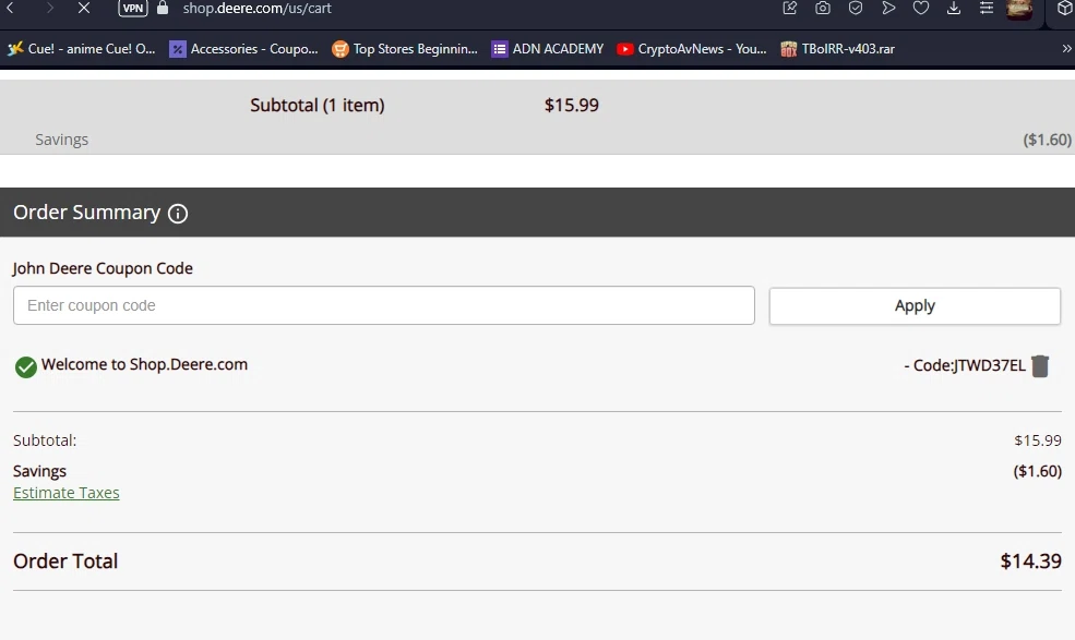 John Deere Store checkout page showing John Deere Store coupon code box | Screenshot taken by SimplyCodes community member on Aug 3, 2023
