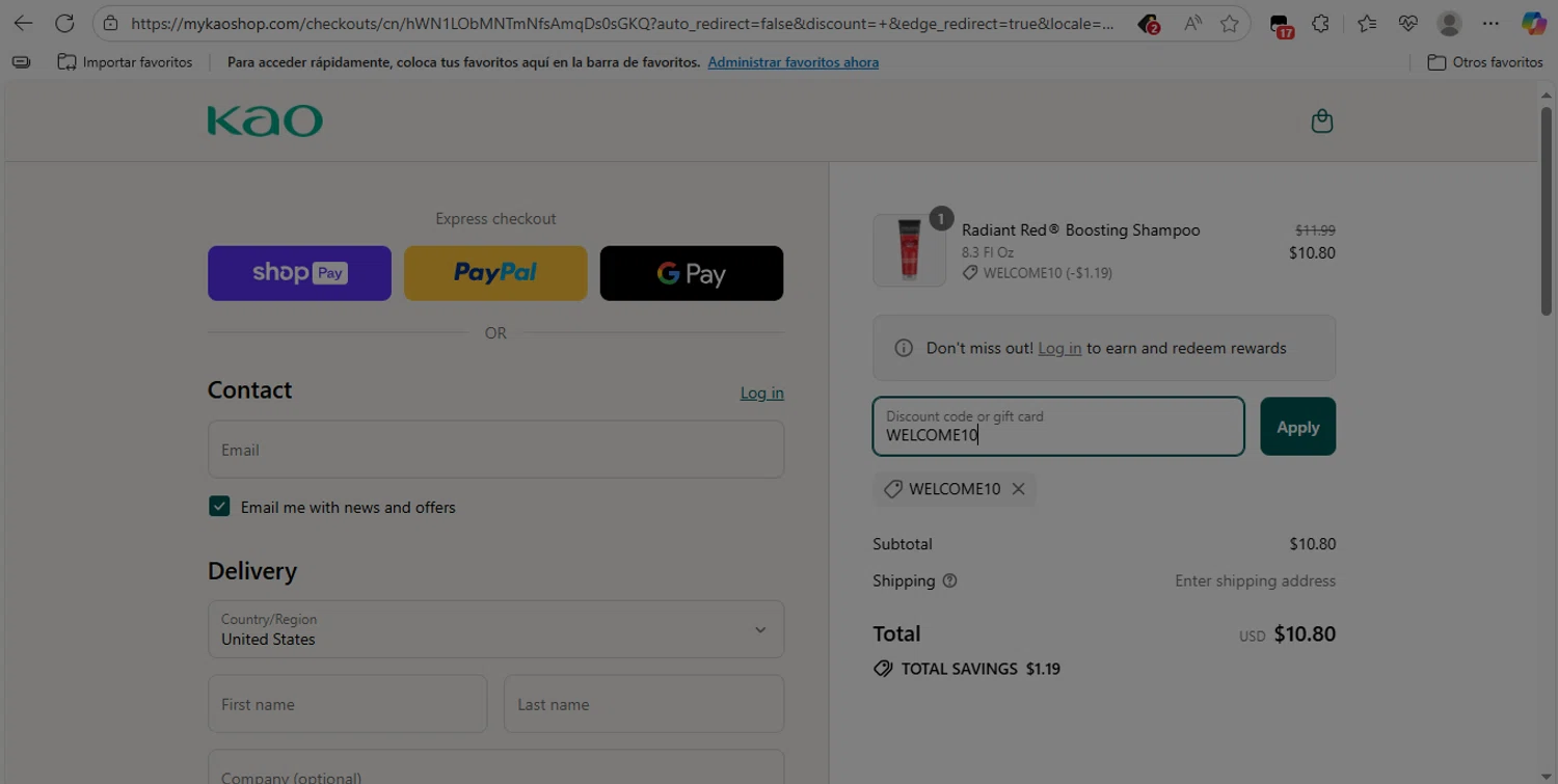 John Frieda coupon code screenshot showing code WELCOME10 applied at John Frieda checkout page. Uploaded by SimplyCodes community member NobleLion9913 on Aug 2, 2025