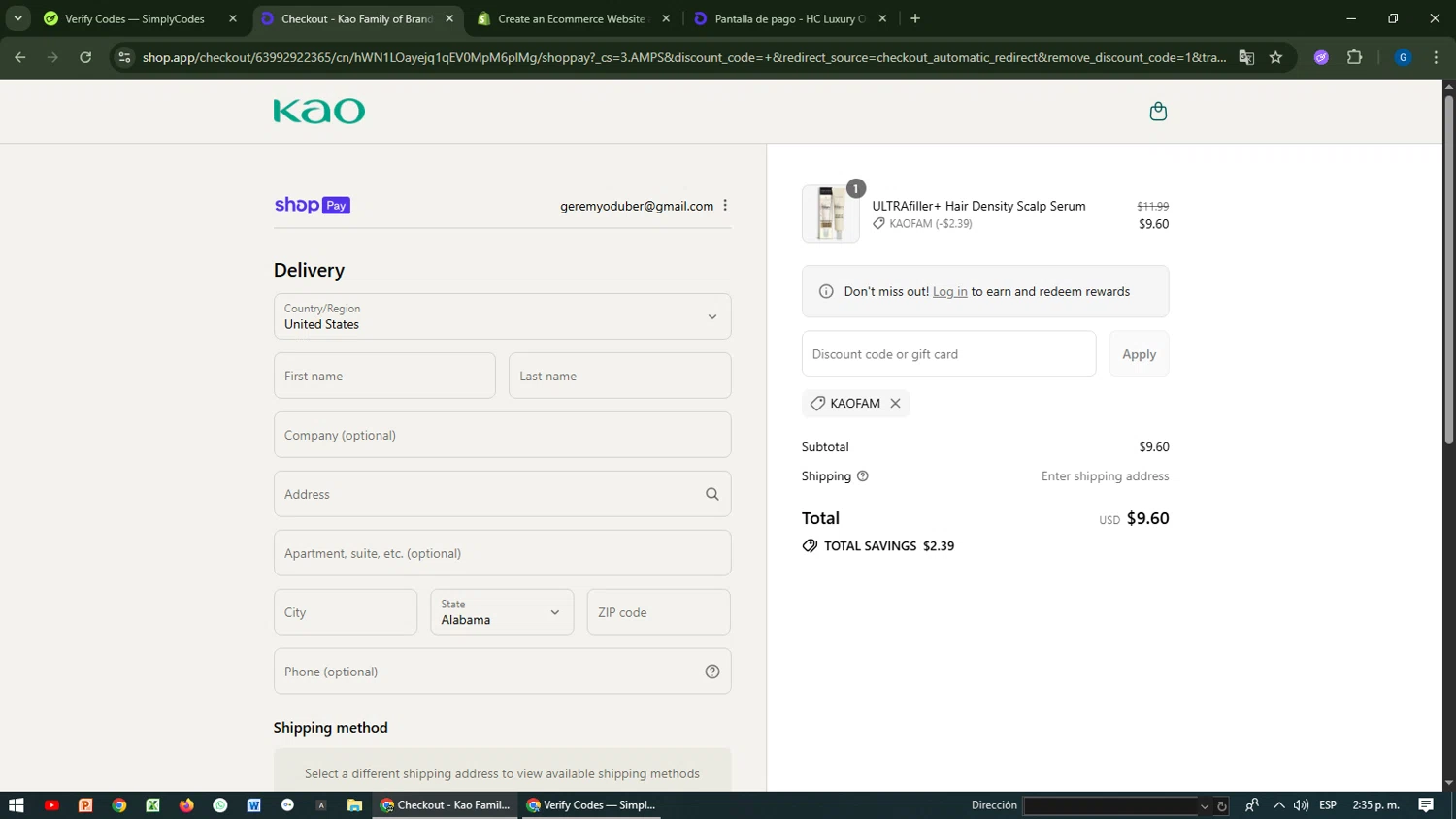 John Frieda coupon code screenshot showing code KAOFAM applied at John Frieda checkout page. Uploaded by SimplyCodes community member MoneyHawk1631 on Aug 2, 2025