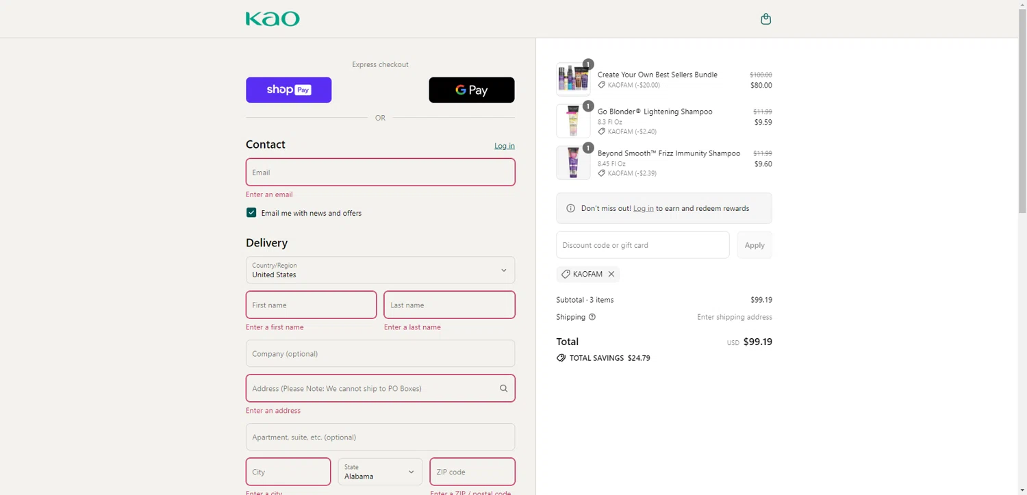 John Frieda coupon code screenshot showing code KAOFAM applied at John Frieda checkout page. Uploaded by SimplyCodes community member SilverChaser3269 on Aug 2, 2025