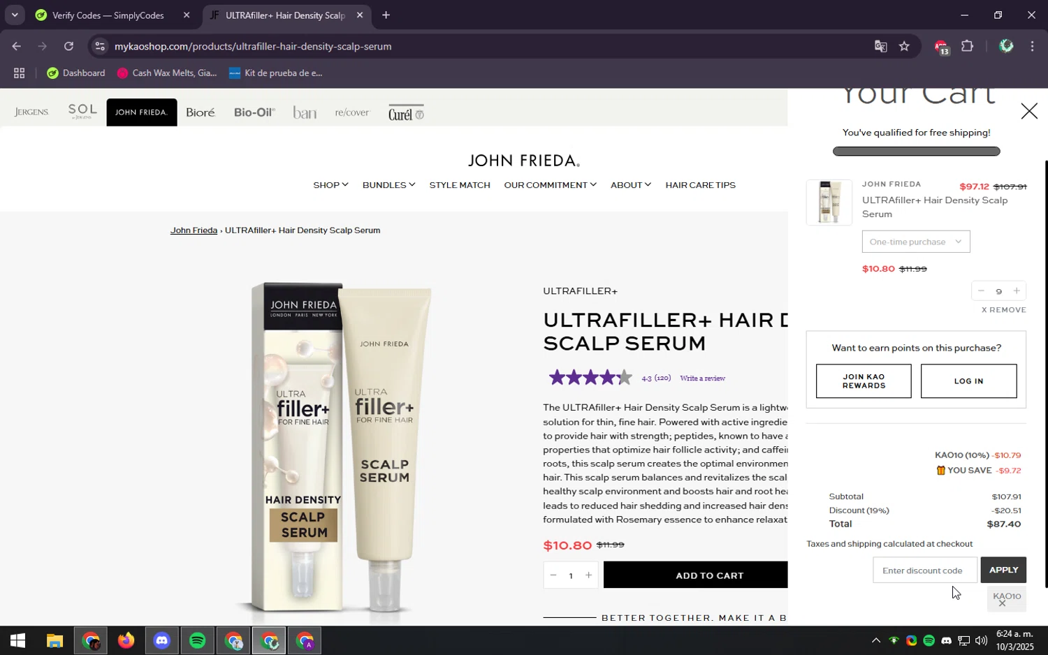 John Frieda coupon code screenshot showing code KAO10 applied at John Frieda checkout page. Uploaded by SimplyCodes community member ScanGenius949 on Mar 10, 2025