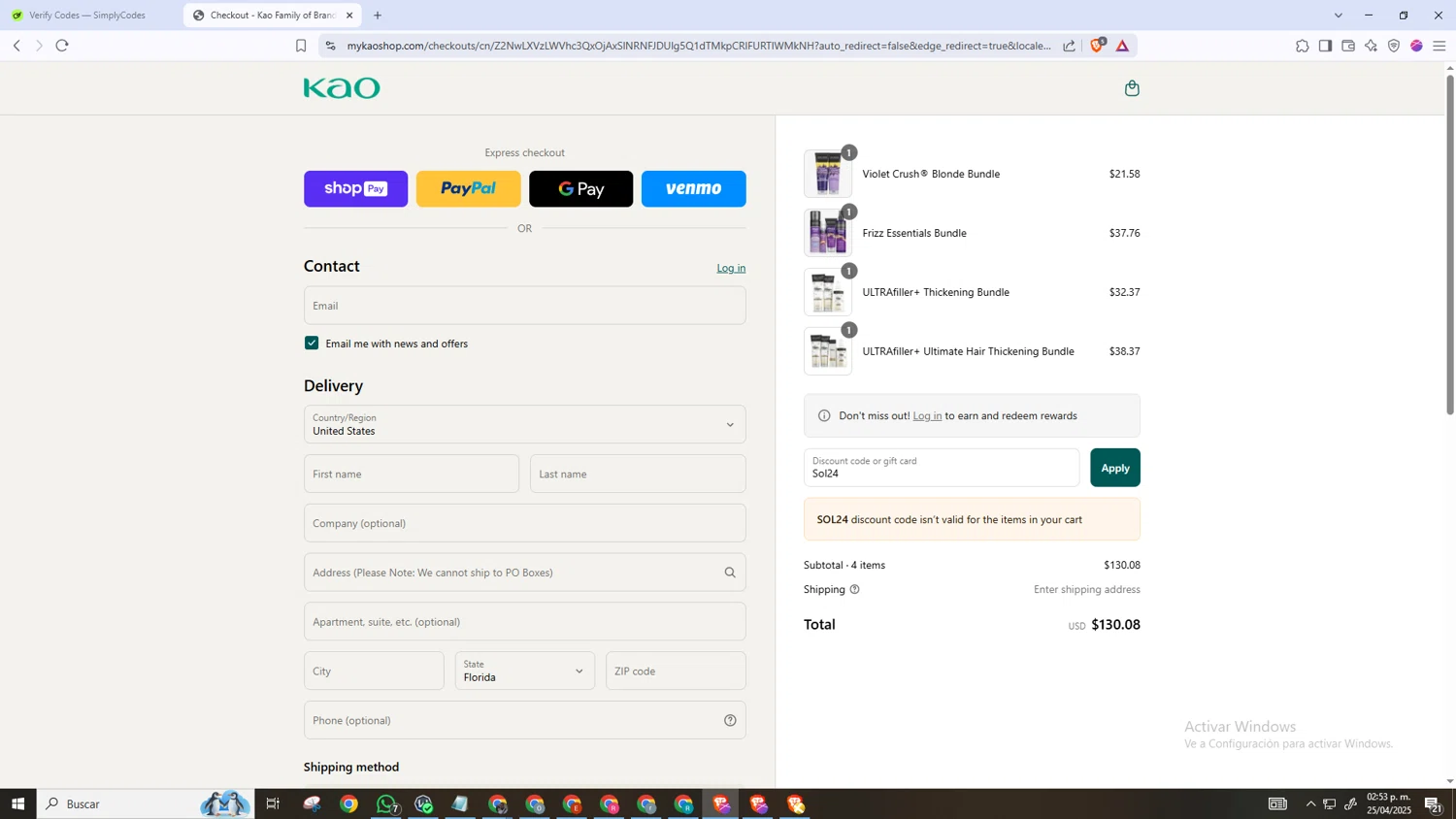 John Frieda coupon code screenshot showing code Sol24 applied at John Frieda checkout page. Uploaded by SimplyCodes community member SaleMaven4765 on Apr 25, 2025
