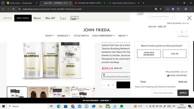 John Frieda checkout page showing John Frieda coupon code box | Screenshot taken by SimplyCodes community member on Sep 30, 2025