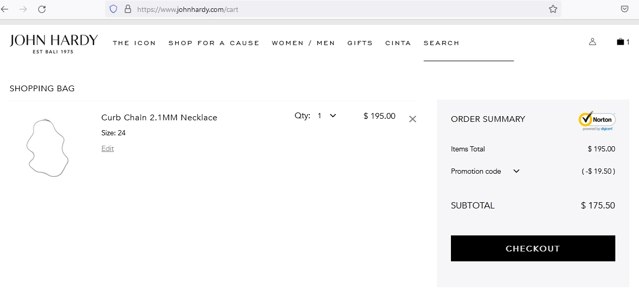 John Hardy checkout page showing John Hardy discount code box | Screenshot taken by SimplyCodes community member on Oct 5, 2022