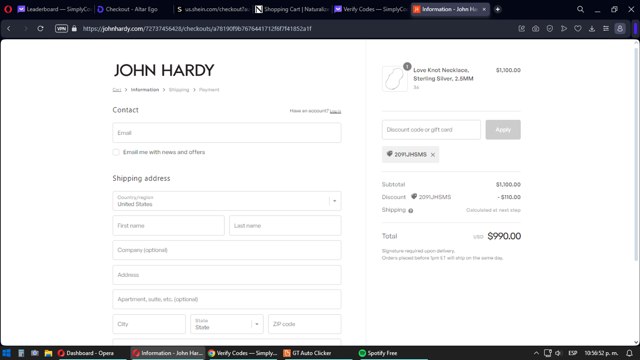 John Hardy checkout page showing John Hardy discount code box | Screenshot taken by SimplyCodes community member on Dec 20, 2023