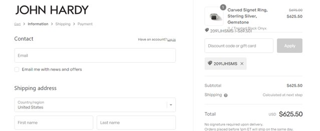 John Hardy checkout page showing John Hardy discount code box | Screenshot taken by SimplyCodes community member on Jan 1, 2024