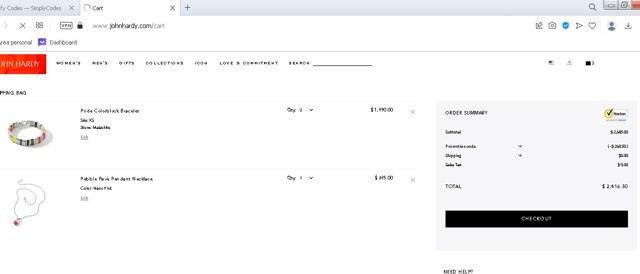 John Hardy checkout page showing John Hardy discount code box | Screenshot taken by SimplyCodes community member on Jun 22, 2023