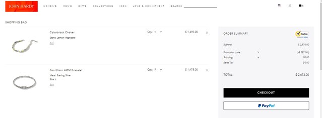 John Hardy checkout page showing John Hardy discount code box | Screenshot taken by SimplyCodes community member on Jun 1, 2023