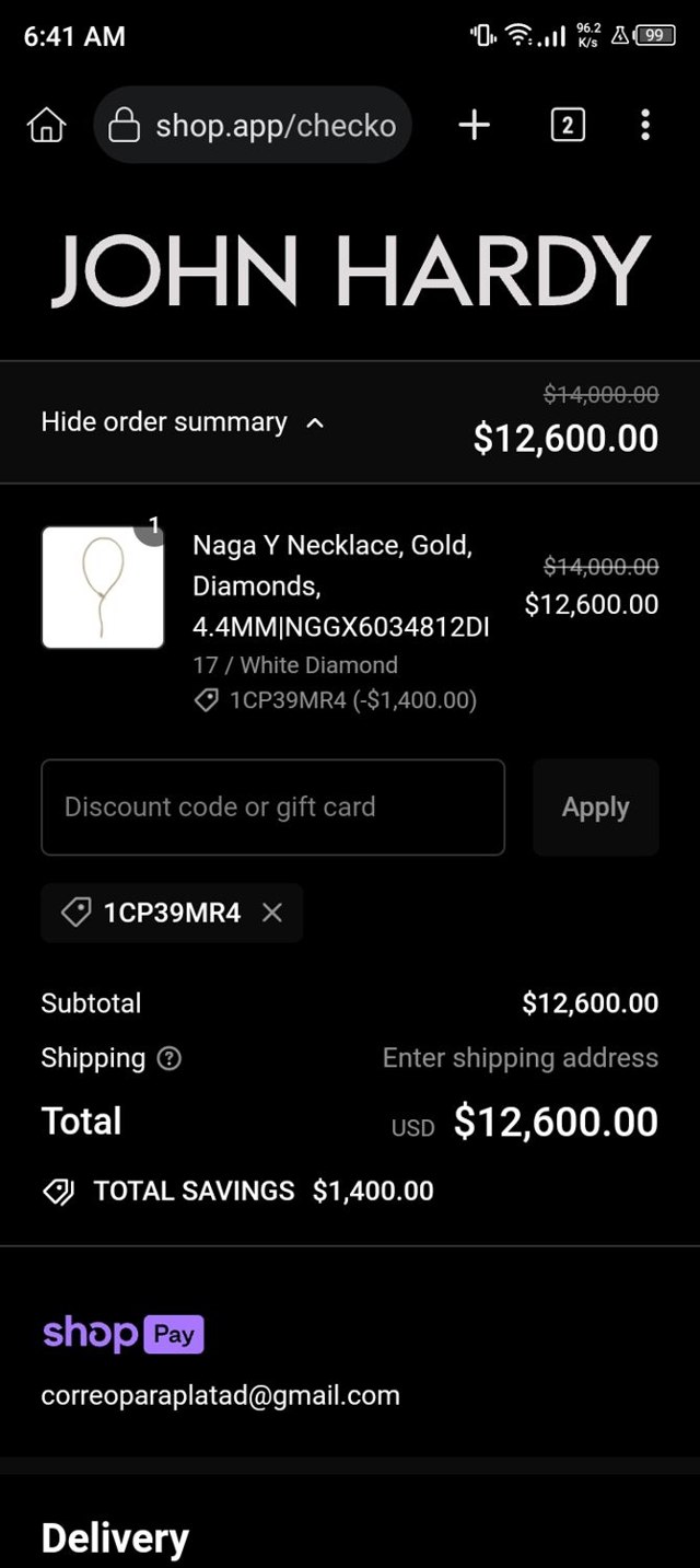 John Hardy checkout page showing John Hardy discount code box | Screenshot taken by SimplyCodes community member on May 20, 2024