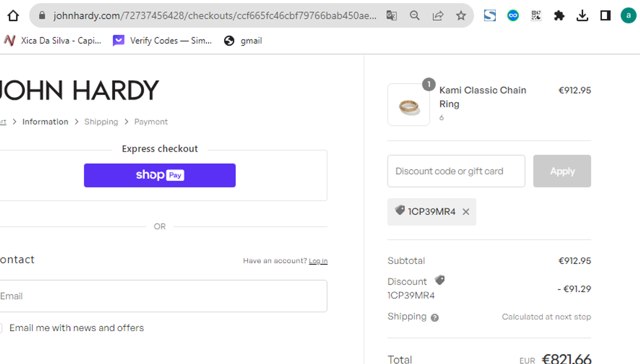 John Hardy checkout page showing John Hardy discount code box | Screenshot taken by SimplyCodes community member on Nov 2, 2023