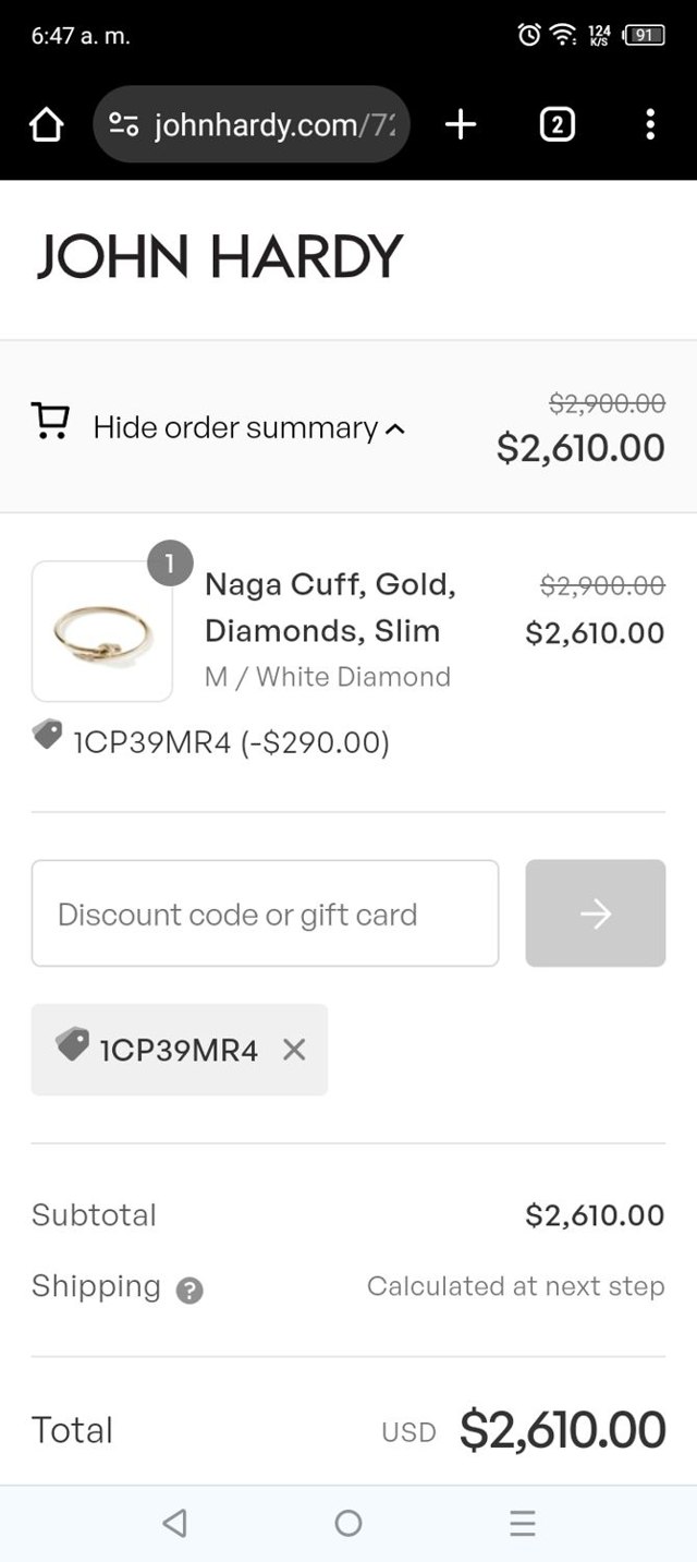 John Hardy checkout page showing John Hardy discount code box | Screenshot taken by SimplyCodes community member on Feb 25, 2024