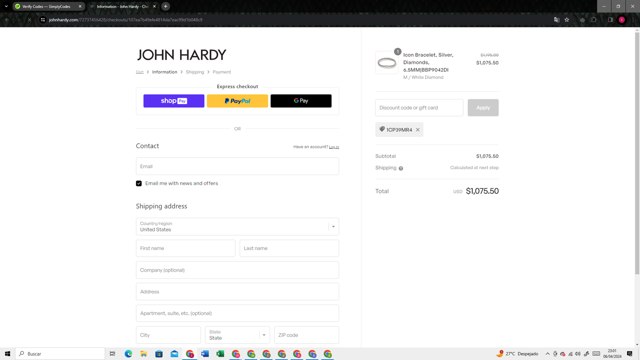 John Hardy checkout page showing John Hardy discount code box | Screenshot taken by SimplyCodes community member on Apr 7, 2024