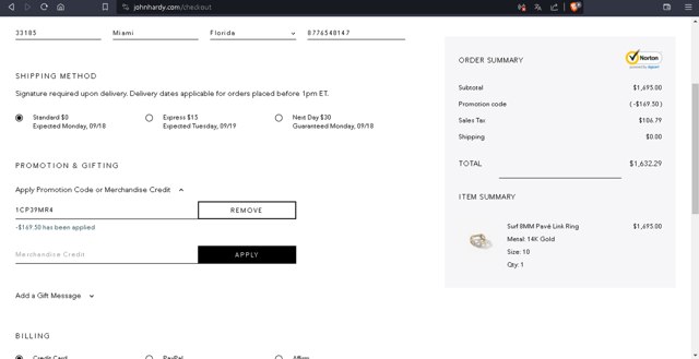 John Hardy checkout page showing John Hardy discount code box | Screenshot taken by SimplyCodes community member on Sep 15, 2023