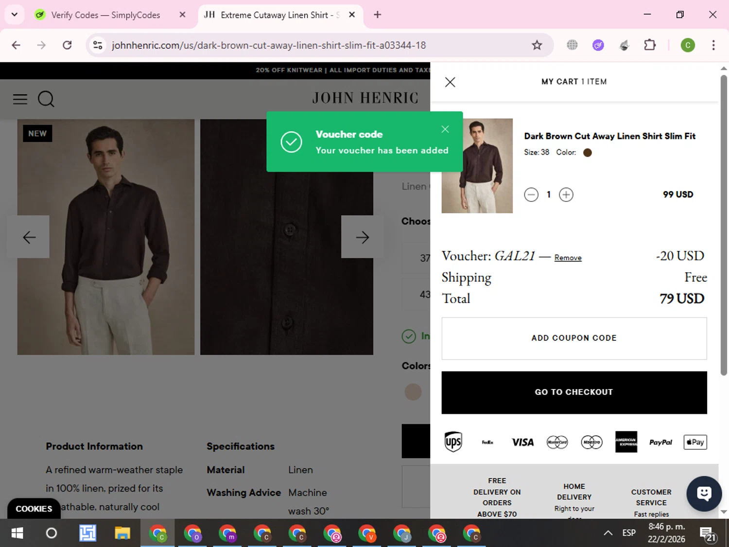 John Henric checkout page showing John Henric discount code box | Screenshot taken by SimplyCodes community member on Feb 23, 2026