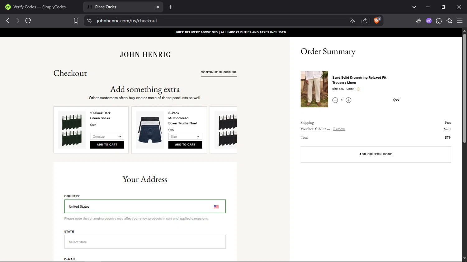 John Henric discount code screenshot showing code GAL21 applied at John Henric checkout page. Uploaded by SimplyCodes community member SmartScholar9589 on May 8, 2025