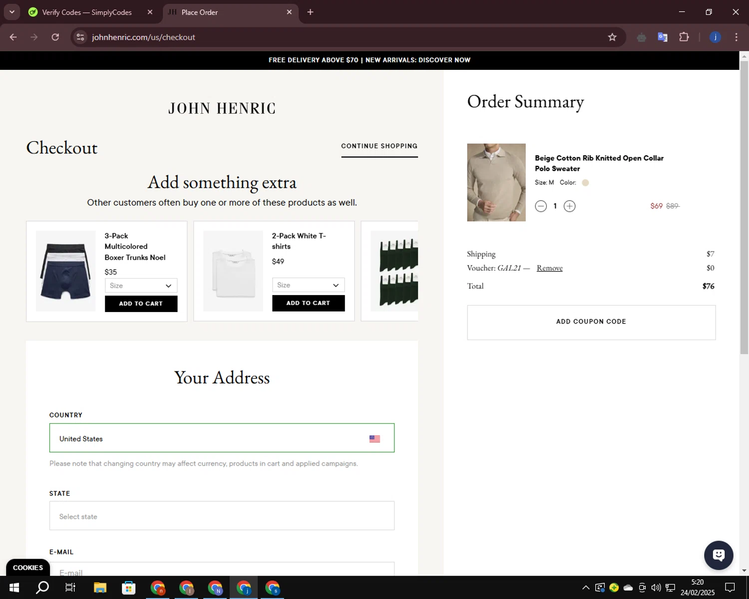 John Henric discount code screenshot showing code GAL21 applied at John Henric checkout page. Uploaded by SimplyCodes community member CashLegend3767 on Feb 24, 2025