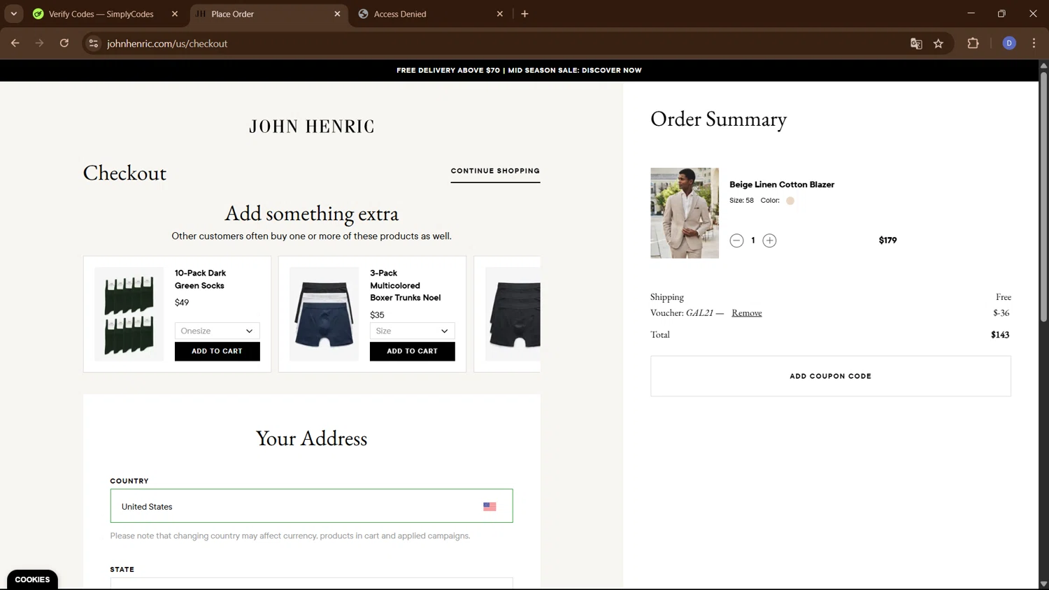 John Henric discount code screenshot showing code GAL21 applied at John Henric checkout page. Uploaded by SimplyCodes community member PennyCurator6489 on Apr 8, 2025