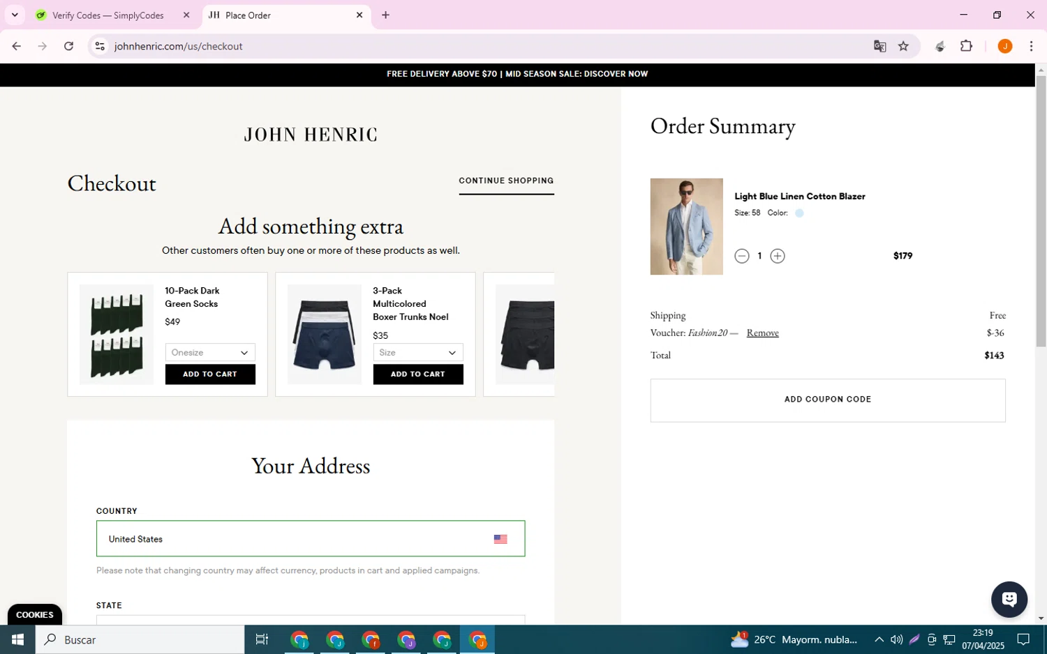 John Henric discount code screenshot showing code Fashion20 applied at John Henric checkout page. Uploaded by SimplyCodes community member malumabby on Apr 8, 2025