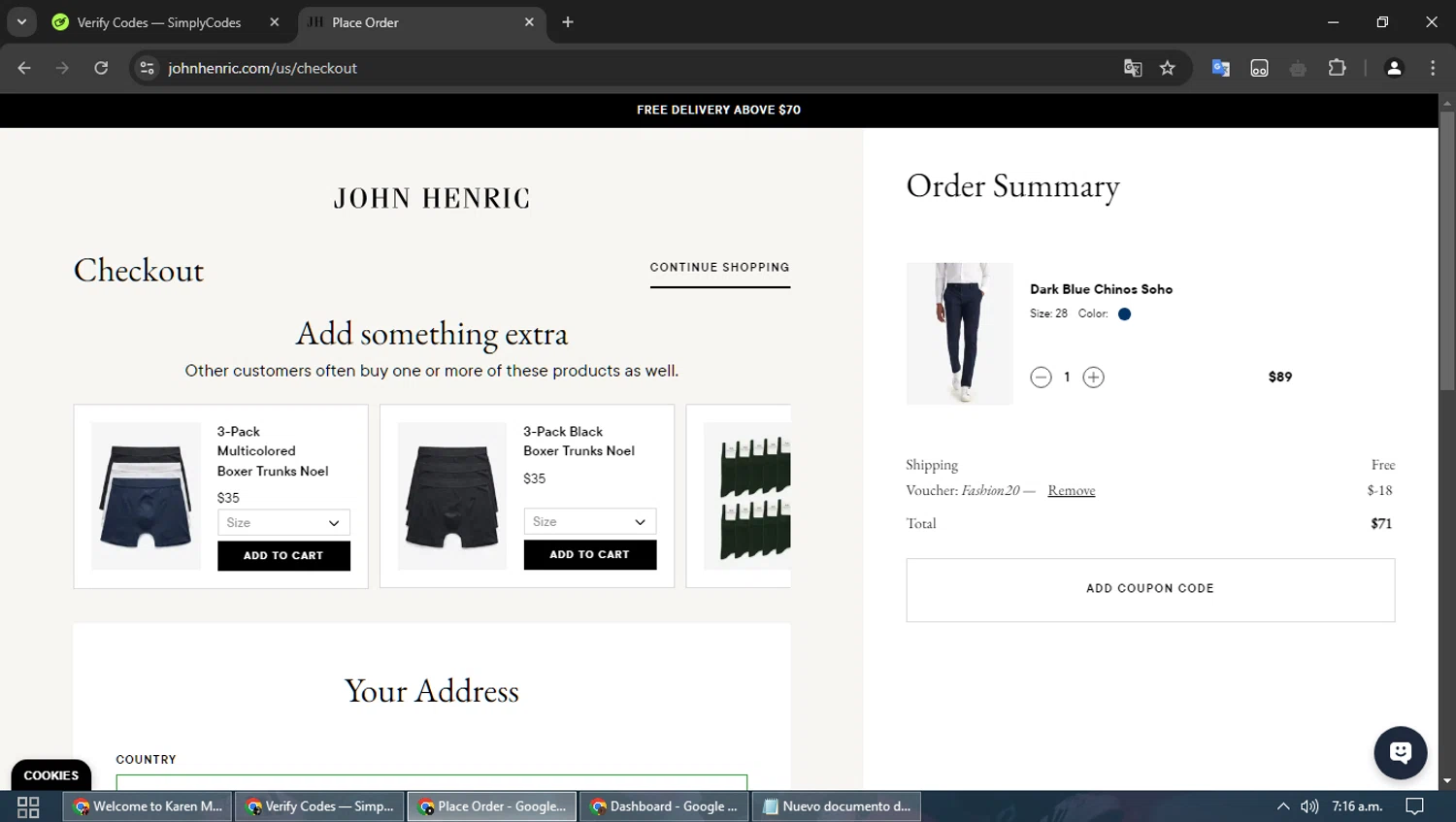 John Henric discount code screenshot showing code Fashion20 applied at John Henric checkout page. Uploaded by SimplyCodes community member dennygomez on Jan 4, 2025