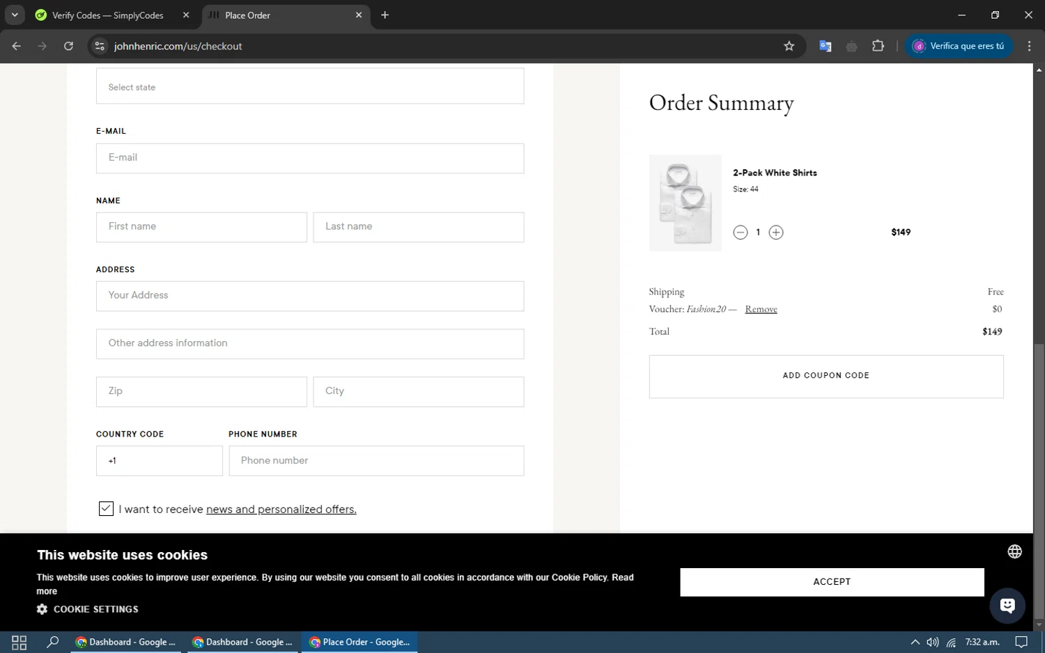 John Henric discount code screenshot showing code Fashion20 applied at John Henric checkout page. Uploaded by SimplyCodes community member my_melody on Jan 4, 2025