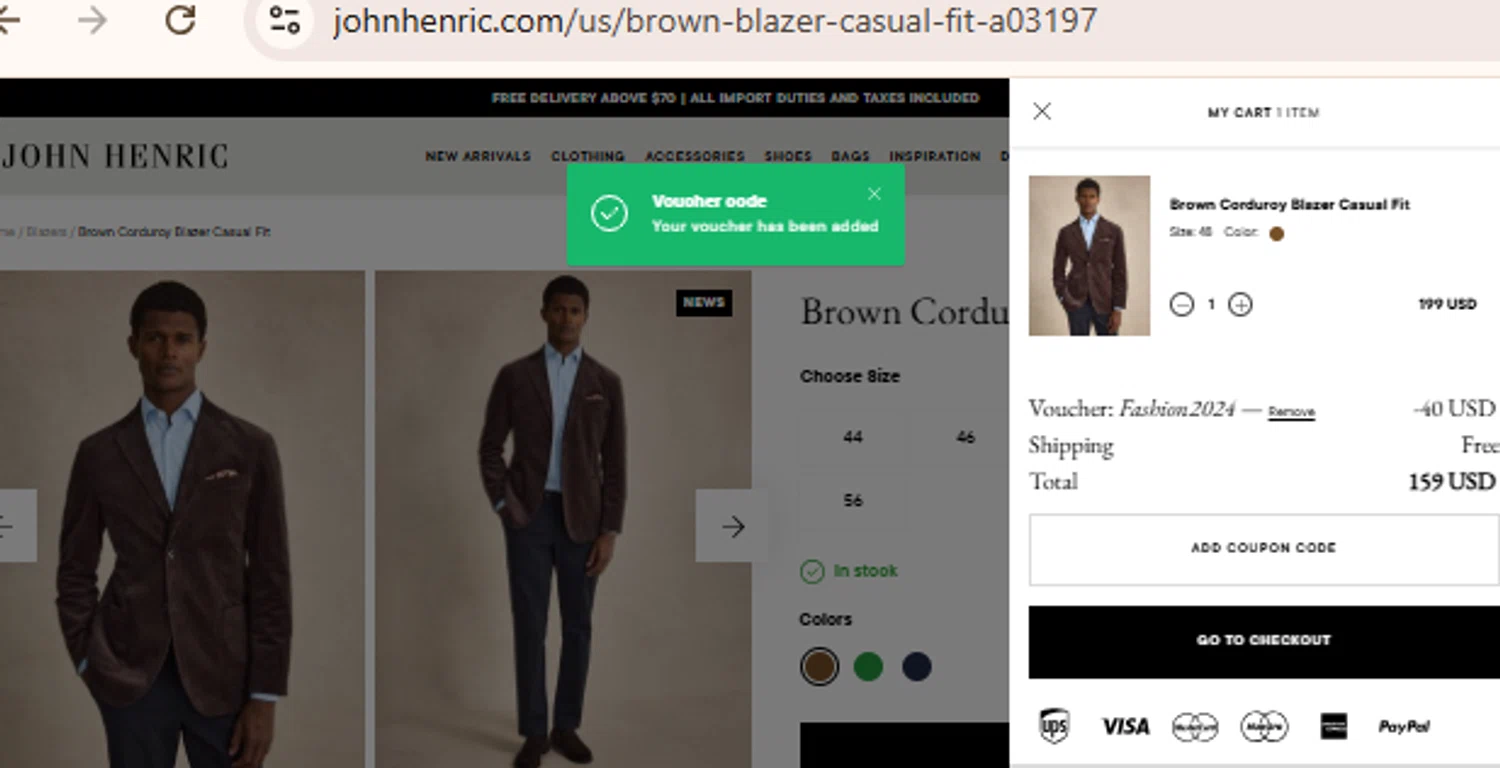 John Henric discount code screenshot showing code FASHION2024 applied at John Henric checkout page. Uploaded by SimplyCodes community member BudgetLion5814 on Sep 4, 2025