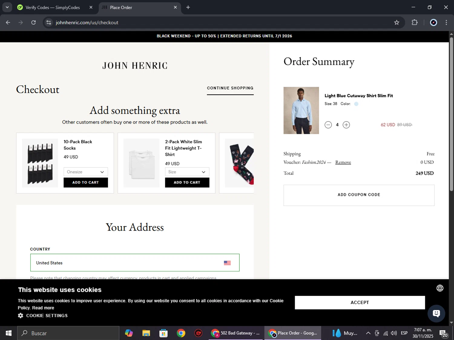 John Henric discount code screenshot showing code FASHION2024 applied at John Henric checkout page. Uploaded by SimplyCodes community member RoyalBoss4384 on Nov 30, 2025
