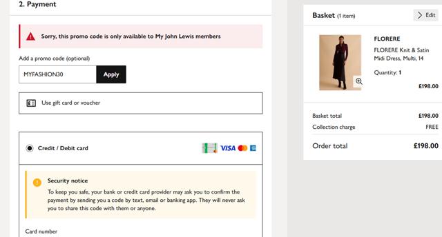 John Lewis checkout page showing John Lewis discount code box | Screenshot taken by SimplyCodes community member on Aug 31, 2025
