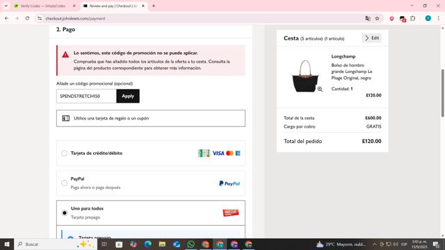John Lewis checkout page showing John Lewis discount code box | Screenshot taken by SimplyCodes community member on Sep 13, 2025