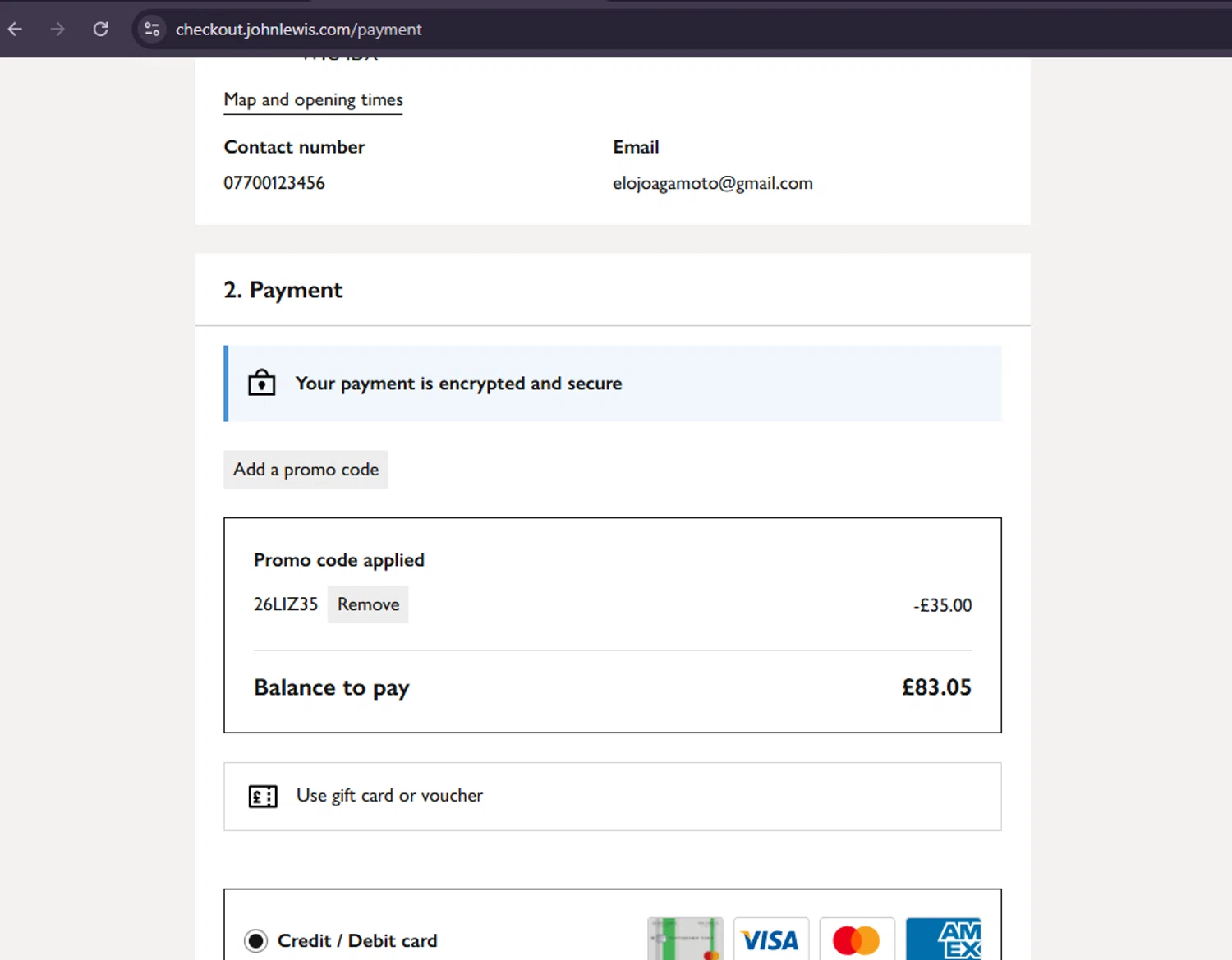 John Lewis promo code screenshot showing code 26LIZ35 applied at John Lewis checkout page. Uploaded by SimplyCodes community member MoneySage8222 on Jan 31, 2026