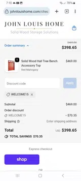 WELCOME15 coupon verification screenshot