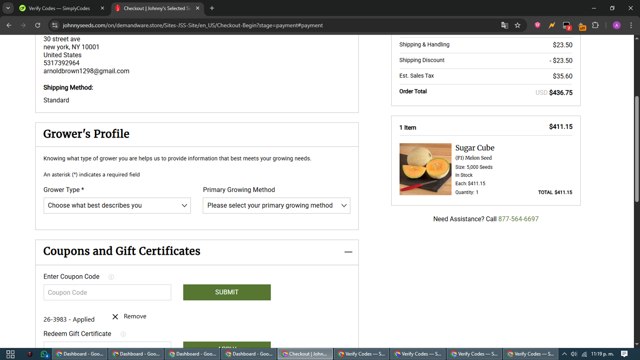 JohnnySeeds checkout page showing JohnnySeeds coupon code box | Screenshot taken by SimplyCodes community member on Jul 31, 2025