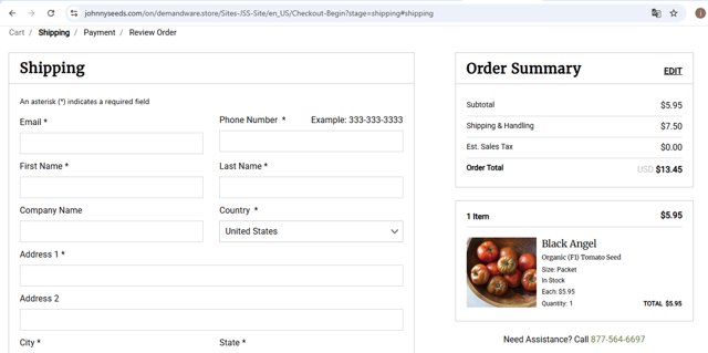 JohnnySeeds checkout page showing JohnnySeeds coupon code box | Screenshot taken by SimplyCodes community member on Aug 26, 2025