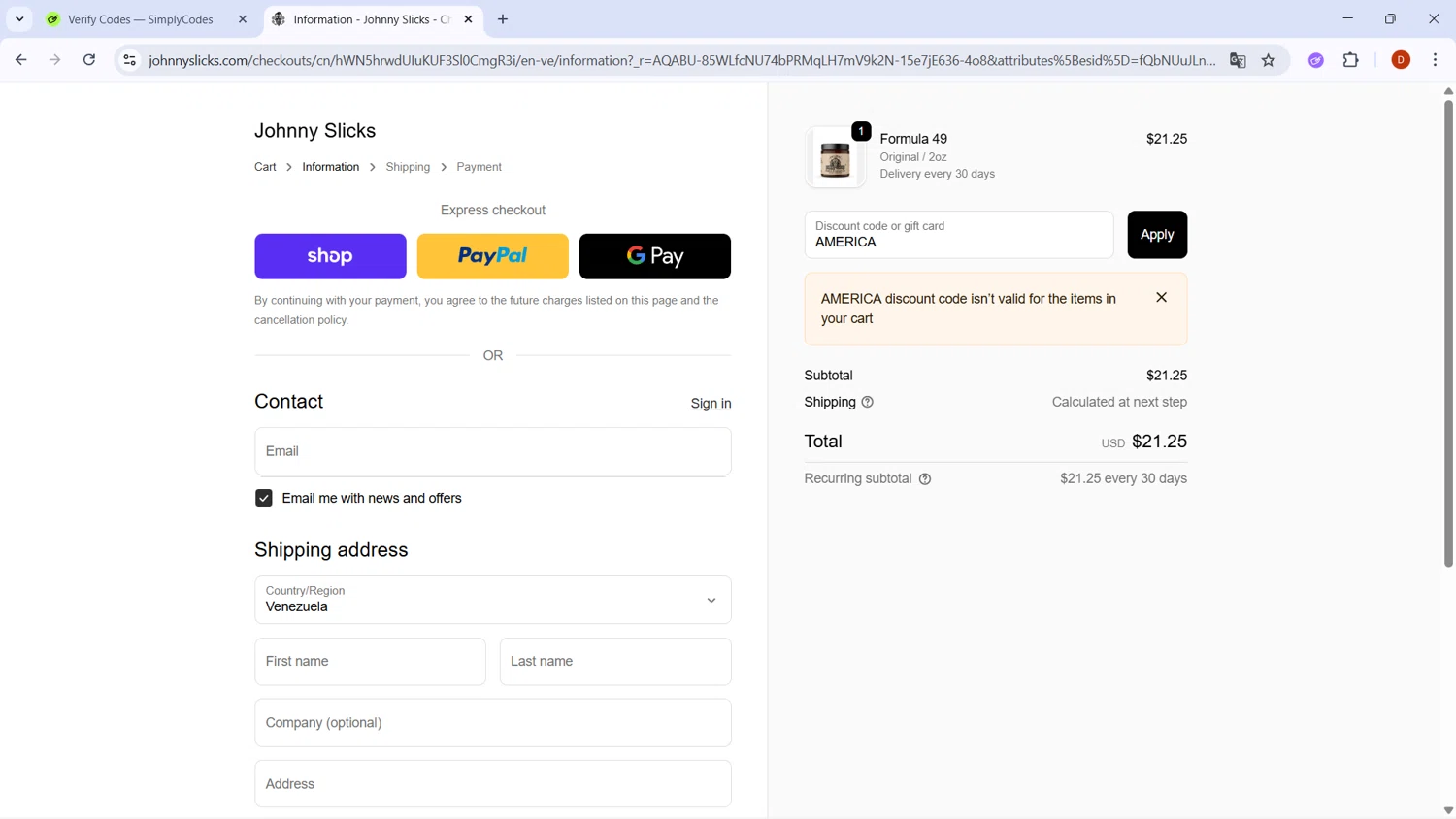 Johnny Slicks discount code screenshot showing code AMERICA applied at Johnny Slicks checkout page. Uploaded by SimplyCodes community member RoyalSaver3150 on Nov 25, 2025