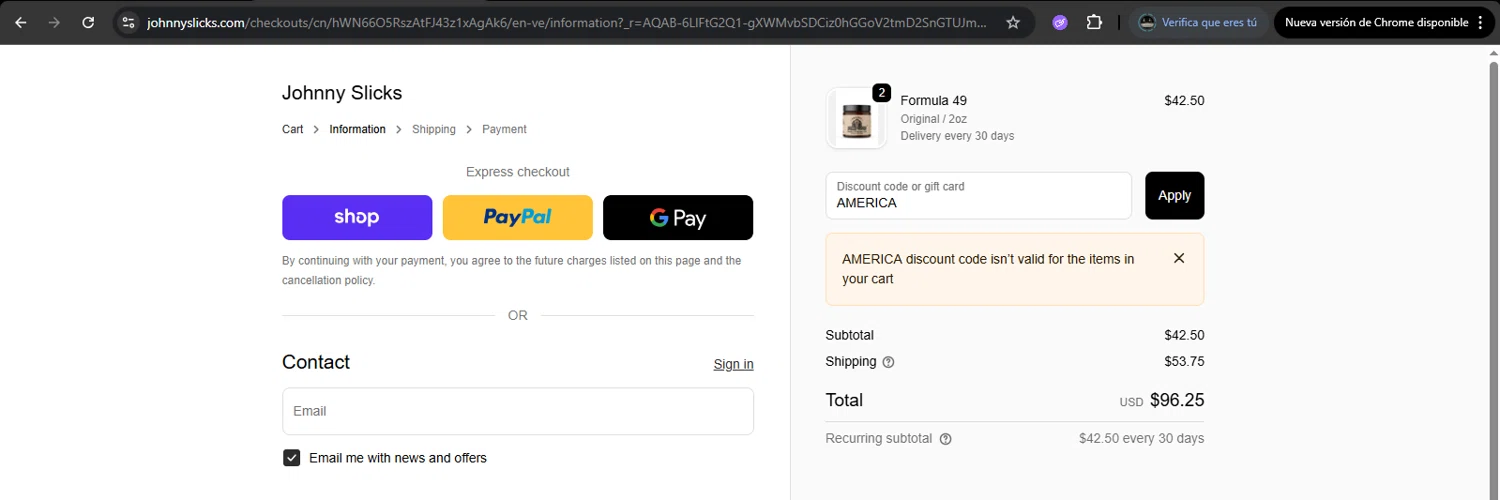 Johnny Slicks discount code screenshot showing code AMERICA applied at Johnny Slicks checkout page. Uploaded by SimplyCodes community member yeremyjimenez on Dec 6, 2025