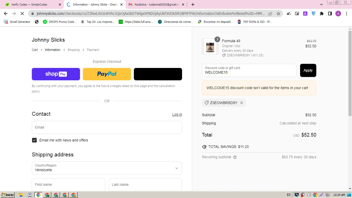 Johnny Slicks discount code screenshot showing code WELCOME15 applied at Johnny Slicks checkout page. Uploaded by SimplyCodes community member ARCANGEL on Mar 8, 2025