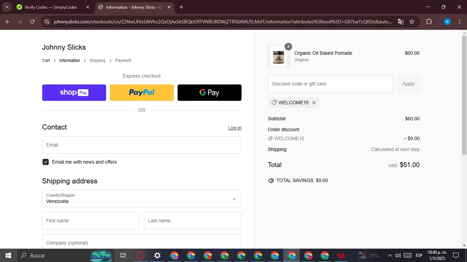 Johnny Slicks discount code screenshot showing code WELCOME15 applied at Johnny Slicks checkout page. Uploaded by SimplyCodes community member CashCollector6189 on Mar 2, 2025