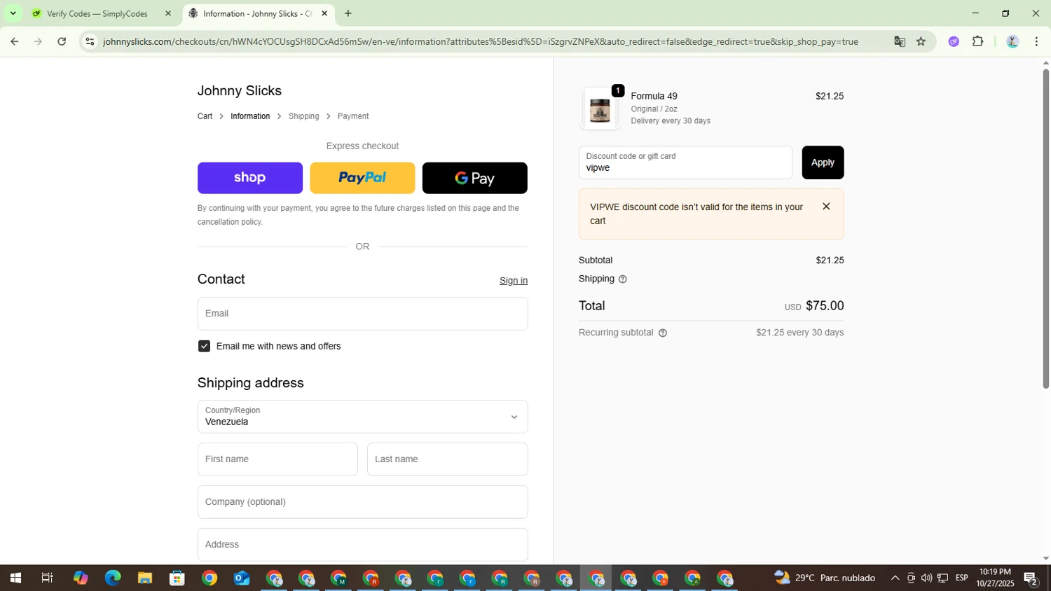 Johnny Slicks discount code screenshot showing code vipwe applied at Johnny Slicks checkout page. Uploaded by SimplyCodes community member CouponBoss4754 on Oct 28, 2025