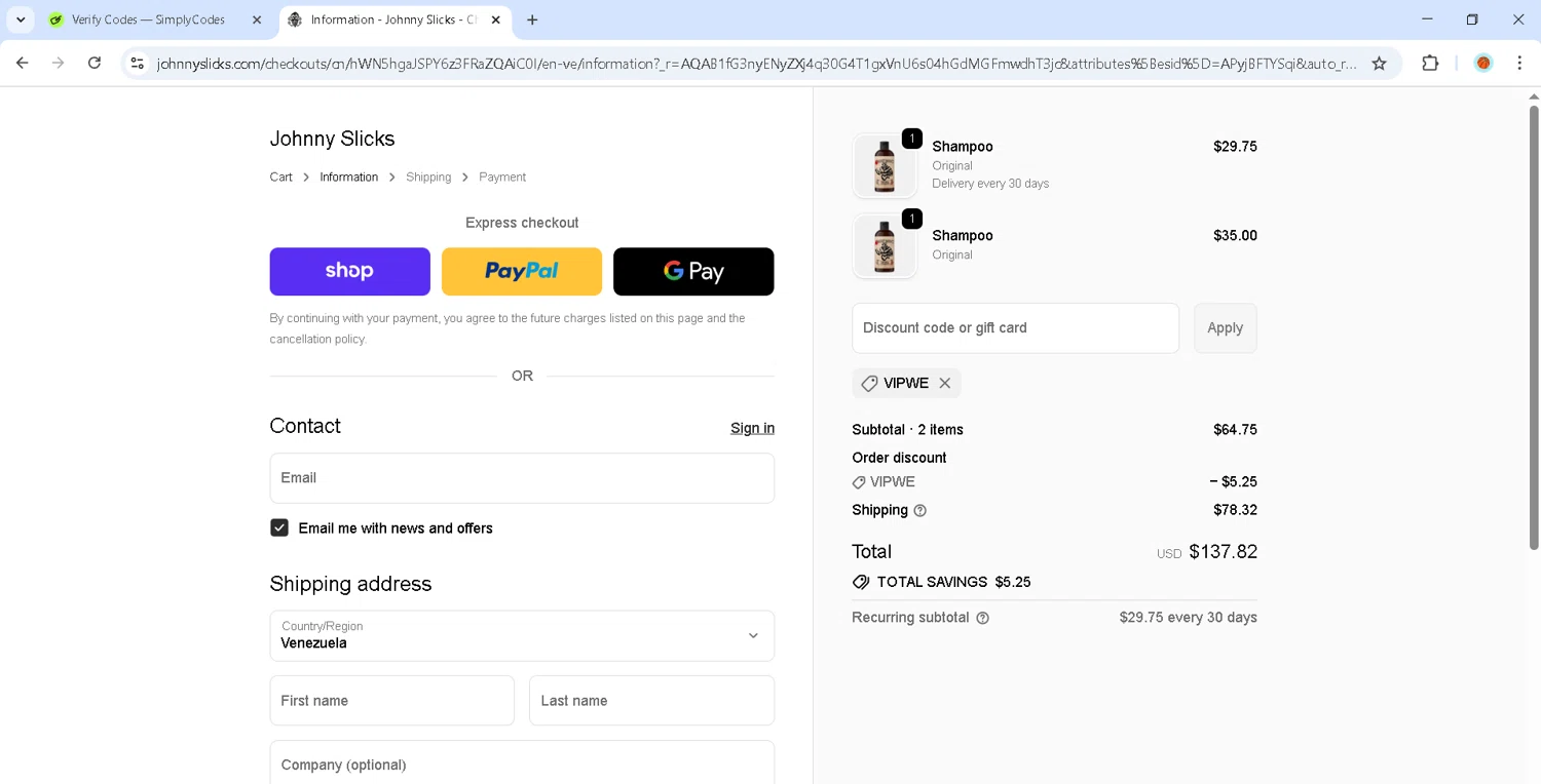 Johnny Slicks discount code screenshot showing code vipwe applied at Johnny Slicks checkout page. Uploaded by SimplyCodes community member MadaraUchiha07 on Nov 25, 2025