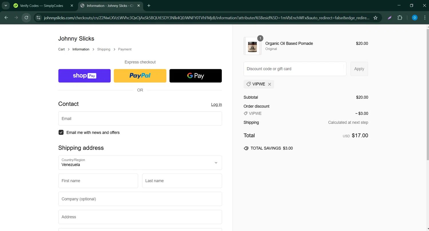 Johnny Slicks discount code screenshot showing code vipwe applied at Johnny Slicks checkout page. Uploaded by SimplyCodes community member _____________ on Mar 2, 2025