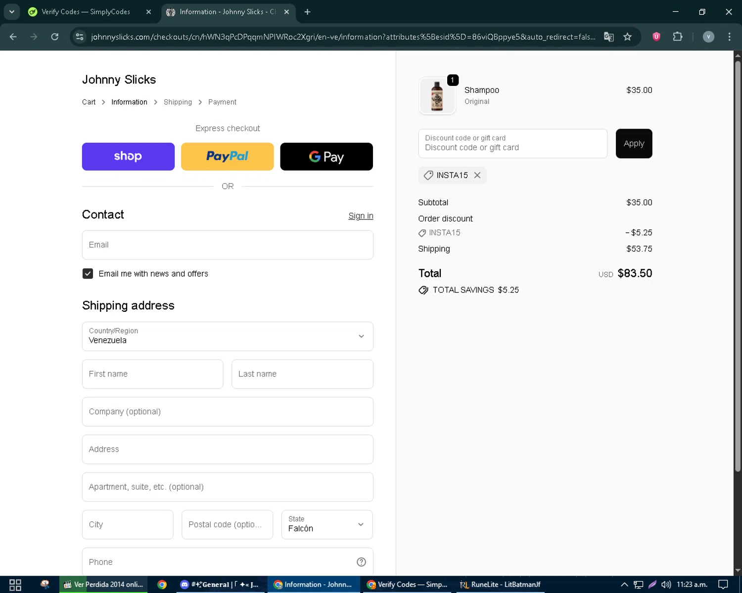 Johnny Slicks discount code screenshot showing code INSTA15 applied at Johnny Slicks checkout page. Uploaded by SimplyCodes community member charmander589 on Oct 7, 2025