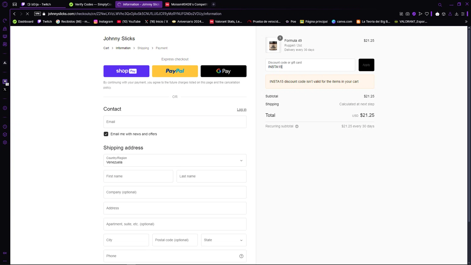 Johnny Slicks discount code screenshot showing code INSTA15 applied at Johnny Slicks checkout page. Uploaded by SimplyCodes community member MagnificentLynx9362 on Mar 2, 2025